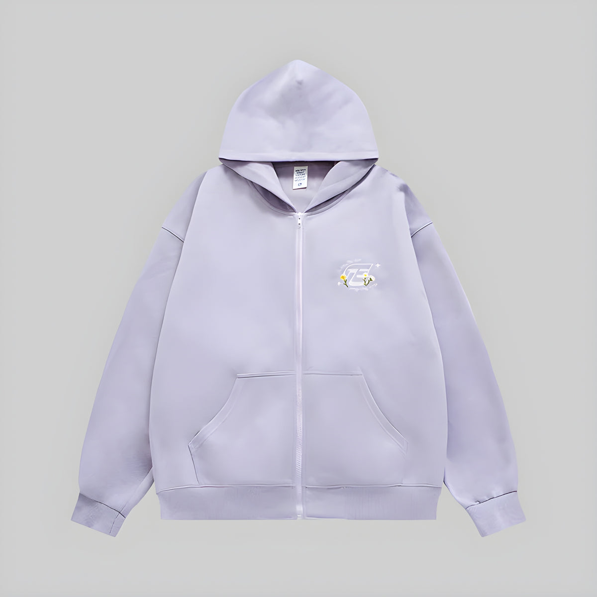 Lilac embroidered full-zip hoodie with hood and front kangaroo pockets