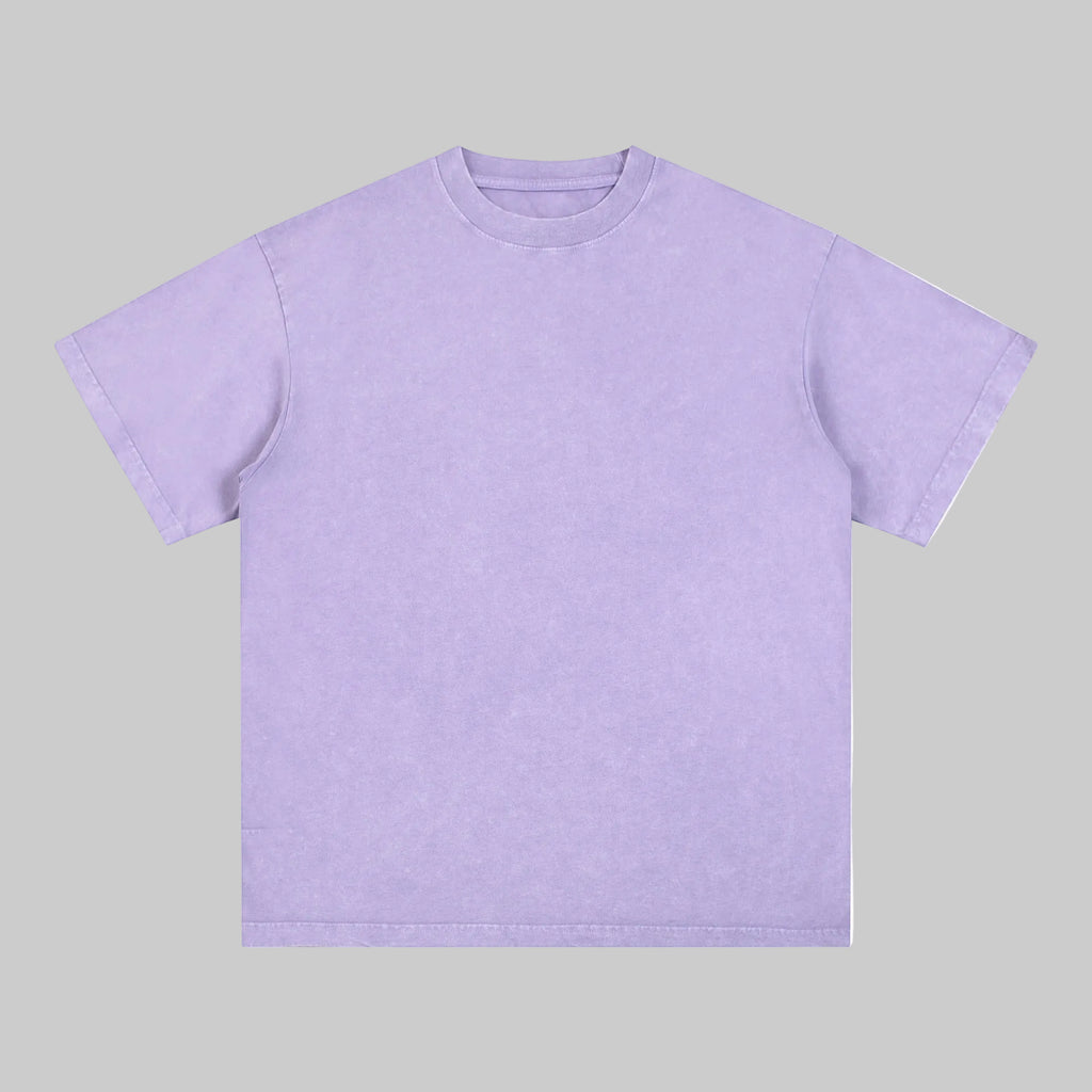 Distressed crew-neck tee in lavender, short sleeves, plain front.