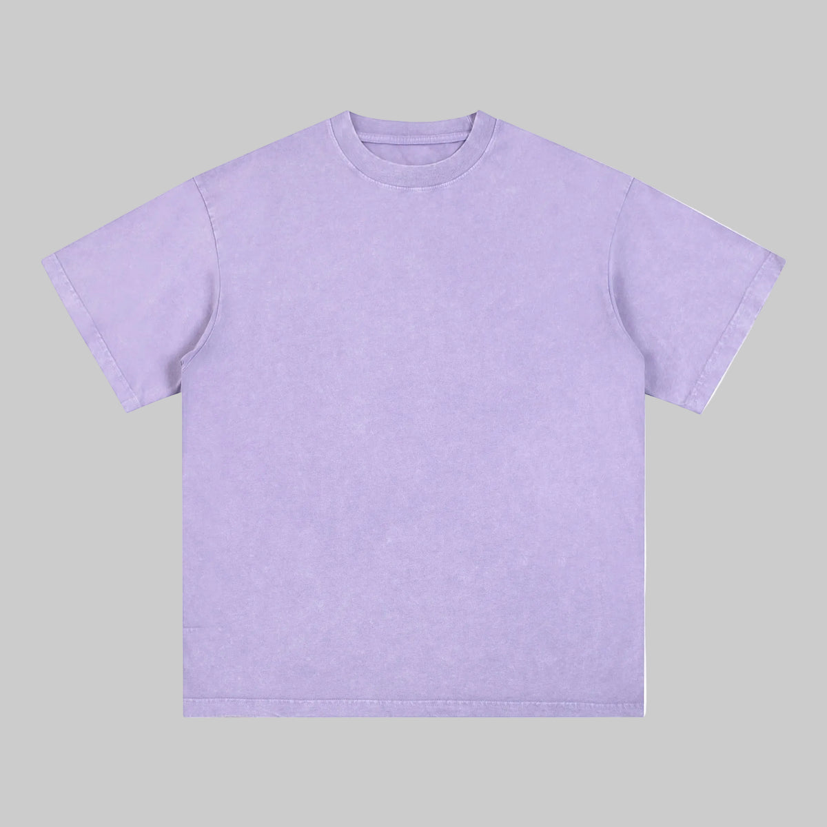 Distressed crew-neck tee in lavender, short sleeves, plain front.