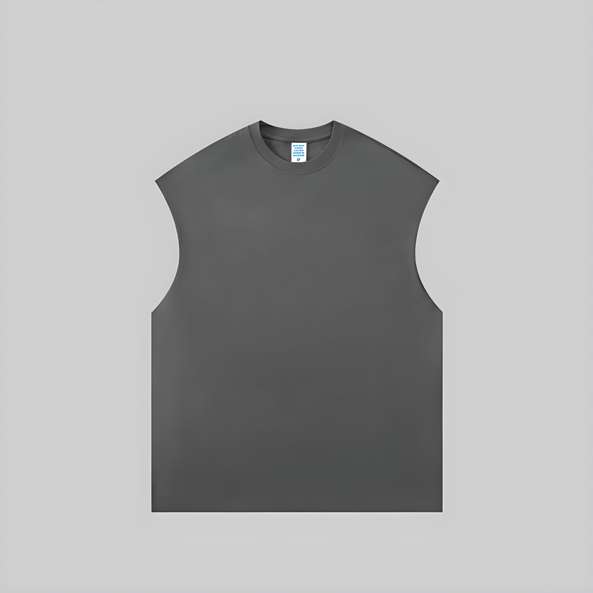 Charcoal gray sleeveless vest with crew neck, heavyweight knit fabric.