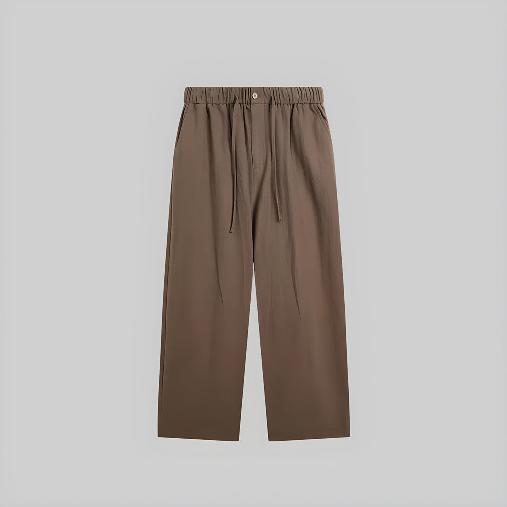 Walnut brown linen-blend wide-leg trousers, flat lay with elastic waistband and drawstring