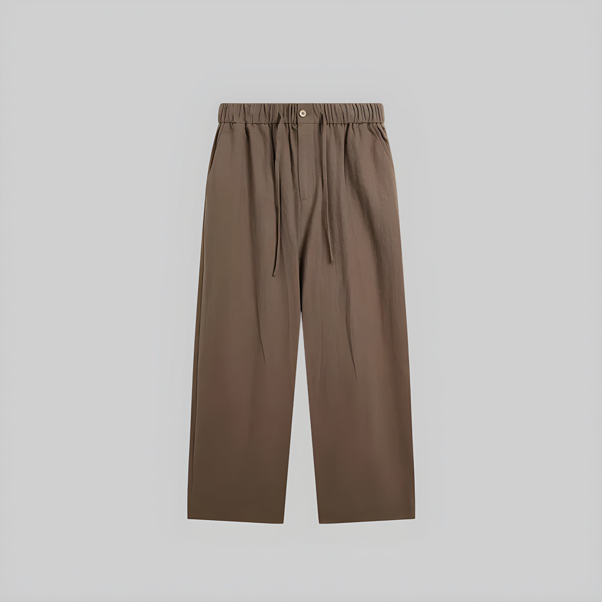 Walnut brown linen-blend wide-leg trousers, flat lay with elastic waistband and drawstring