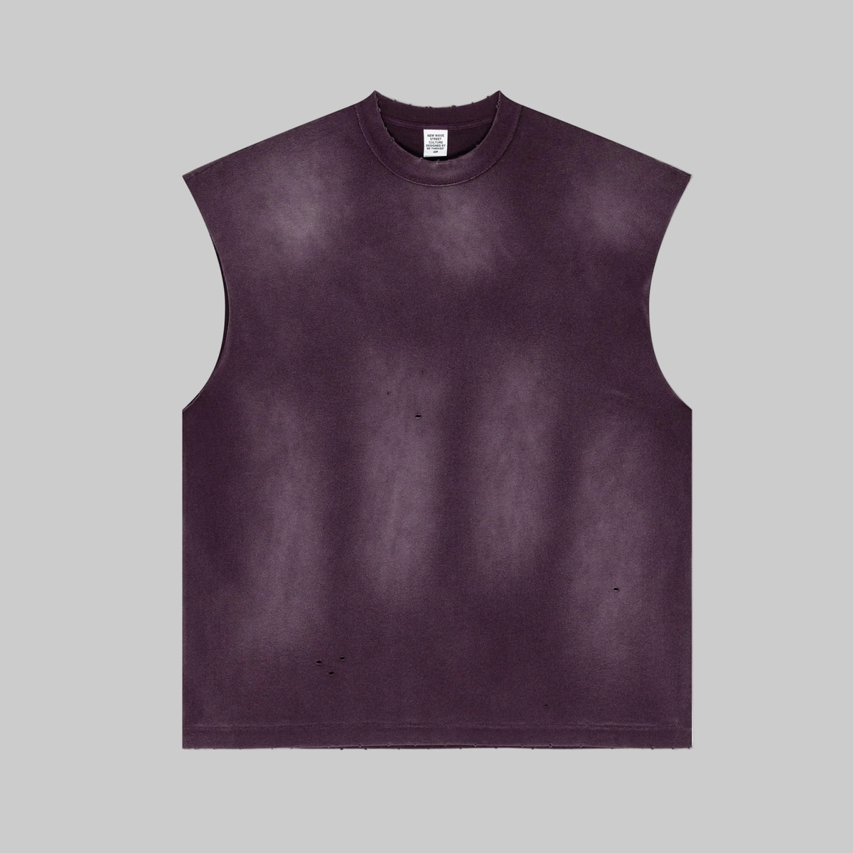 Plum distressed sleeveless tee with crew neck and small distressed holes