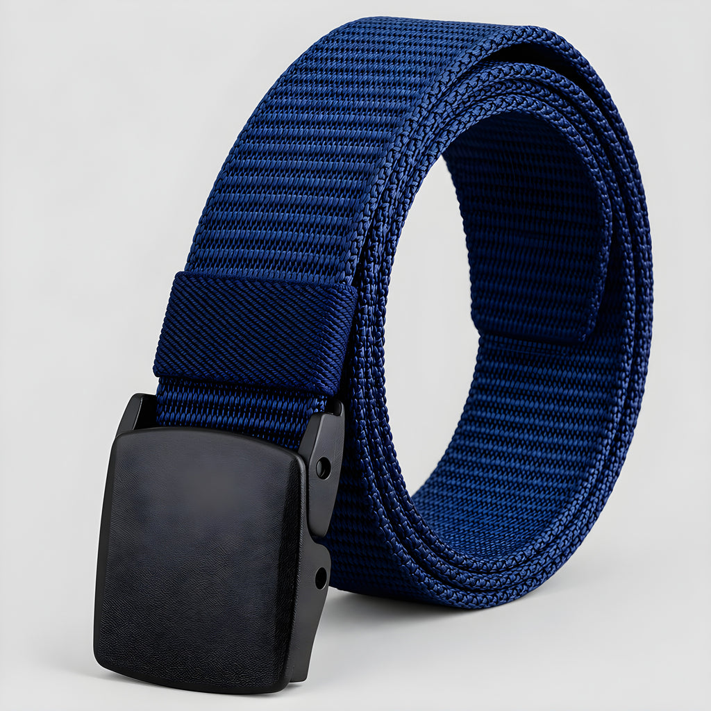 Canvas utility belt with blue webbing and rectangular plastic buckle