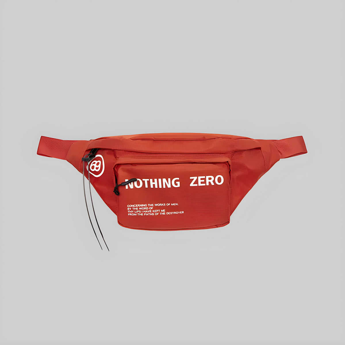 Red belt bag with front zip pocket, round logo, and 'NOTHING ZERO' text