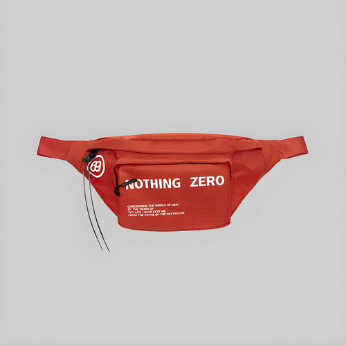 Red belt bag with front zip pocket, round logo, and 'NOTHING ZERO' text