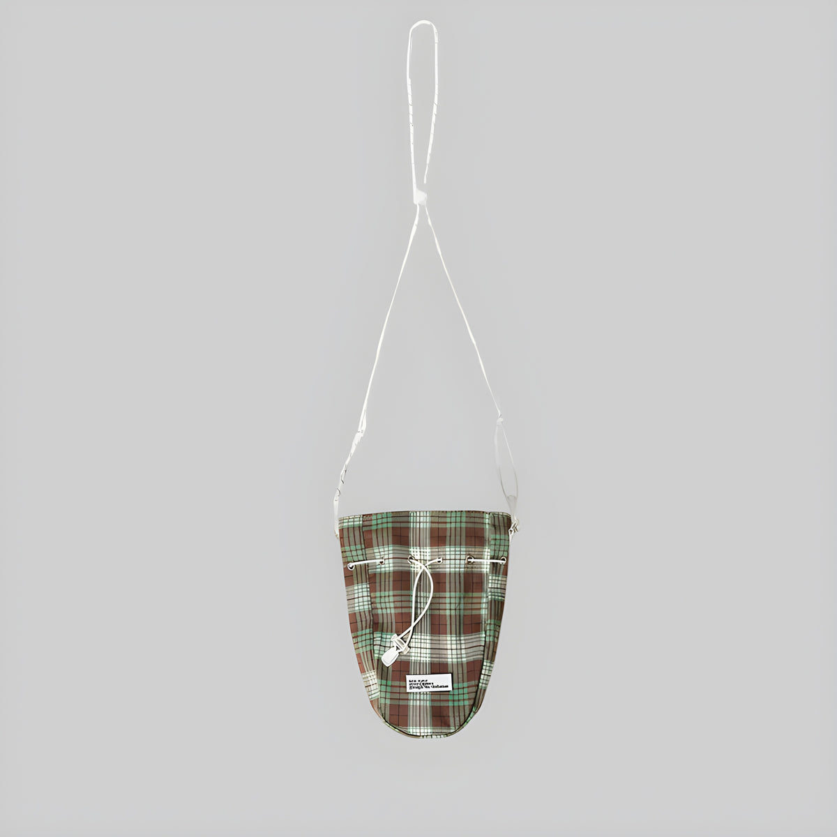 Sand plaid neck pouch with drawstring closure and hanging strap