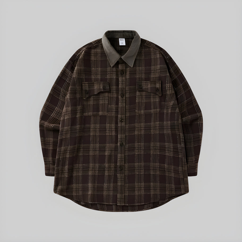 Espresso plaid overshirt with button-front, point collar, and flap chest pockets