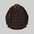 Espresso plaid overshirt with button-front, point collar, and flap chest pockets