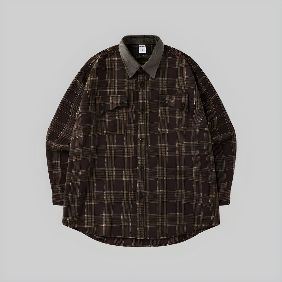 Espresso plaid overshirt with button-front, point collar, and flap chest pockets