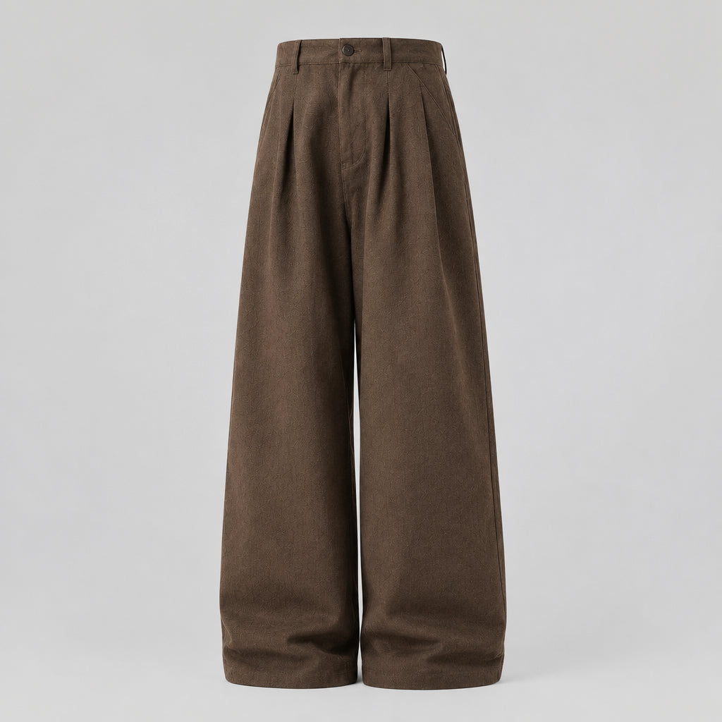 Mocha washed pleated wide-leg trousers with front pleats and buttoned waistband.