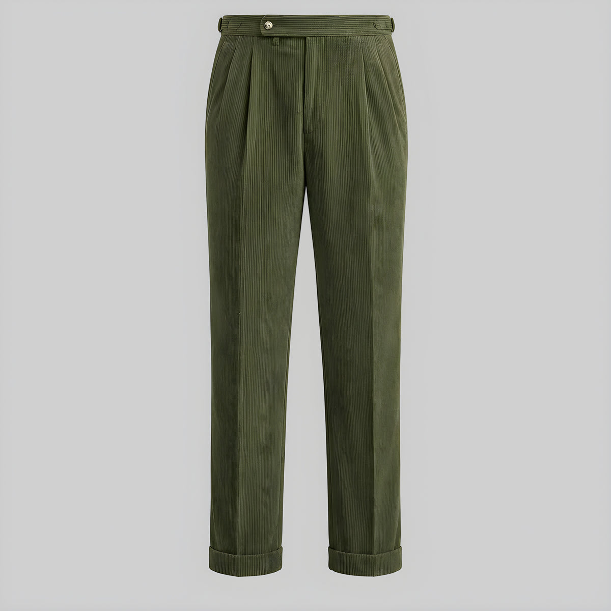 Green corduroy drape trousers with pleated front and button waistband