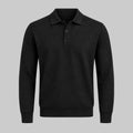 Black long-sleeve V-neck polo sweater with button placket and ribbed cuffs