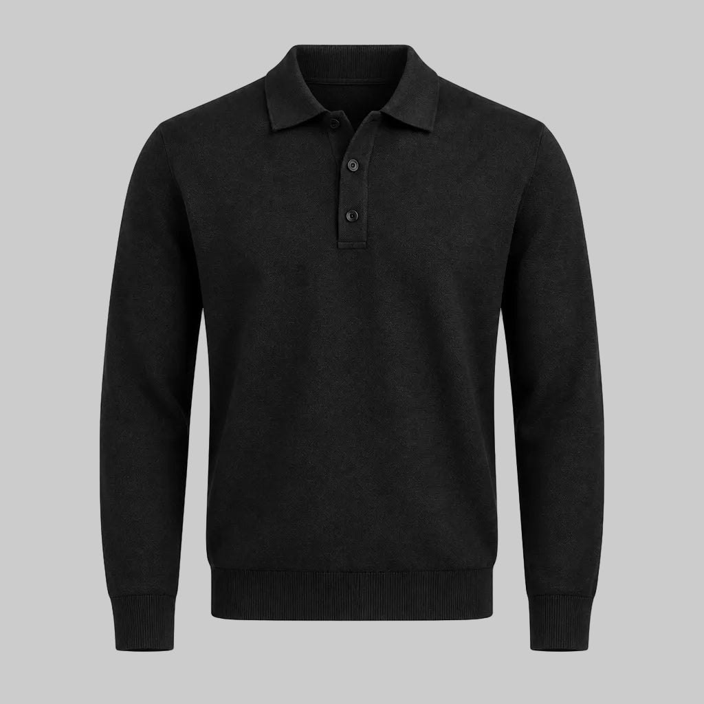 Black long-sleeve V-neck polo sweater with button placket and ribbed cuffs