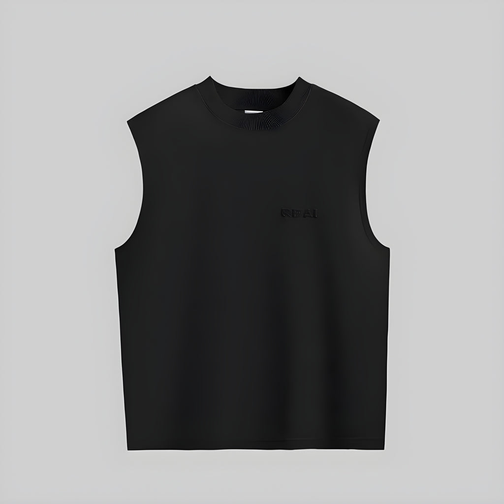 Black sleeveless vest with flocked chest logo, flat lay