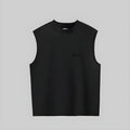 Black sleeveless vest with flocked chest logo, flat lay