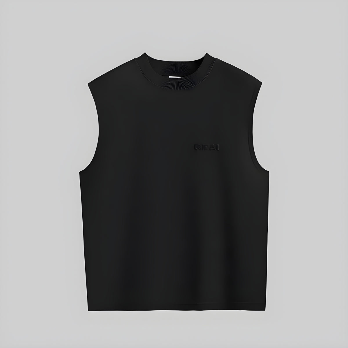 Black sleeveless vest with flocked chest logo, flat lay