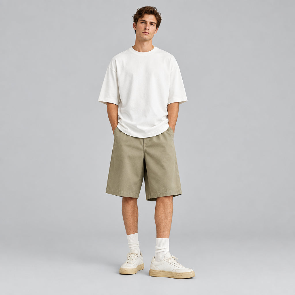 Khaki pleated suit shorts with front pleats and button waist closure