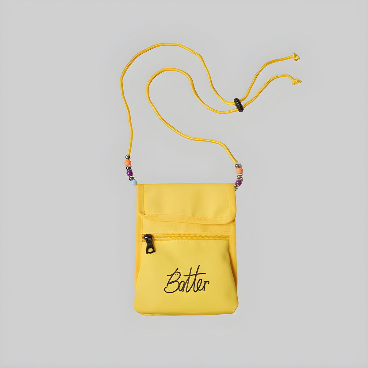 Yellow cord pouch with front zipper pocket and beaded drawstring cords