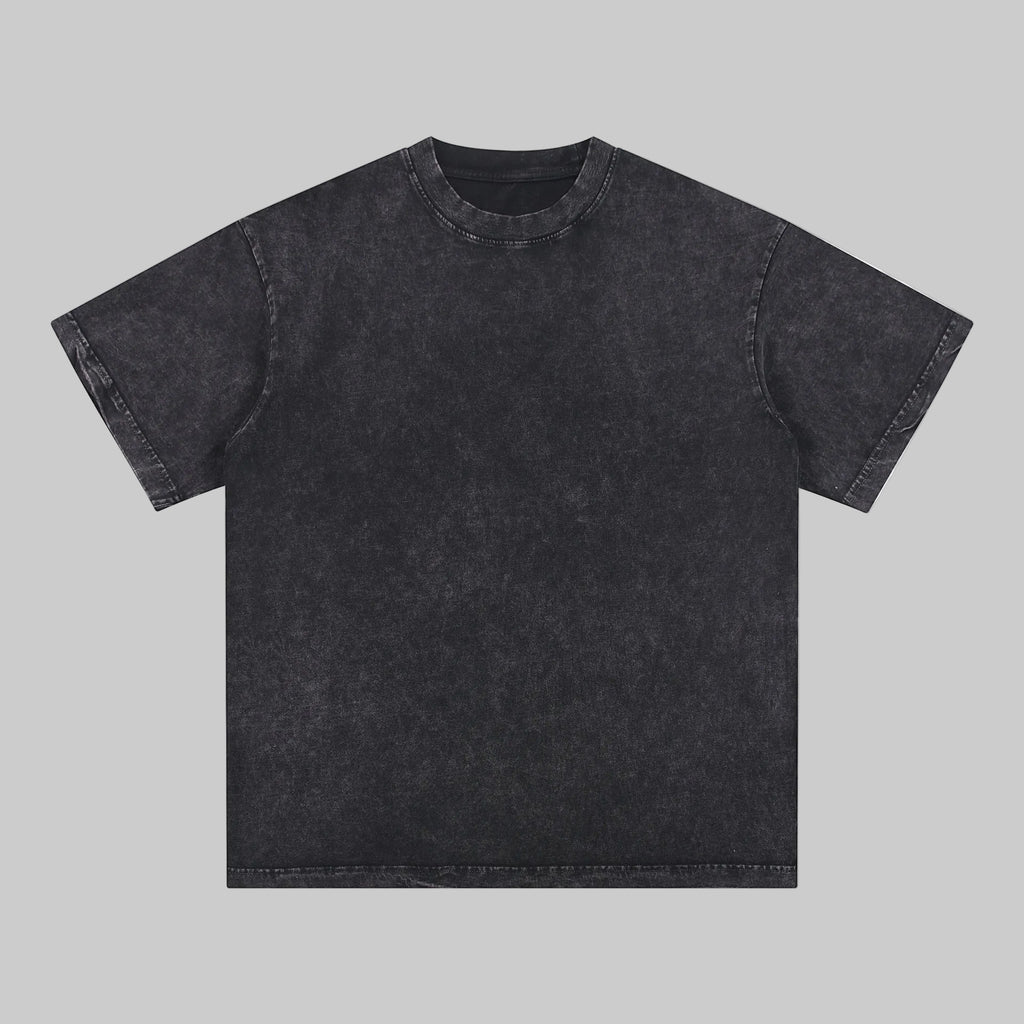 Distressed crew-neck tee in dark charcoal, short sleeves, plain front.