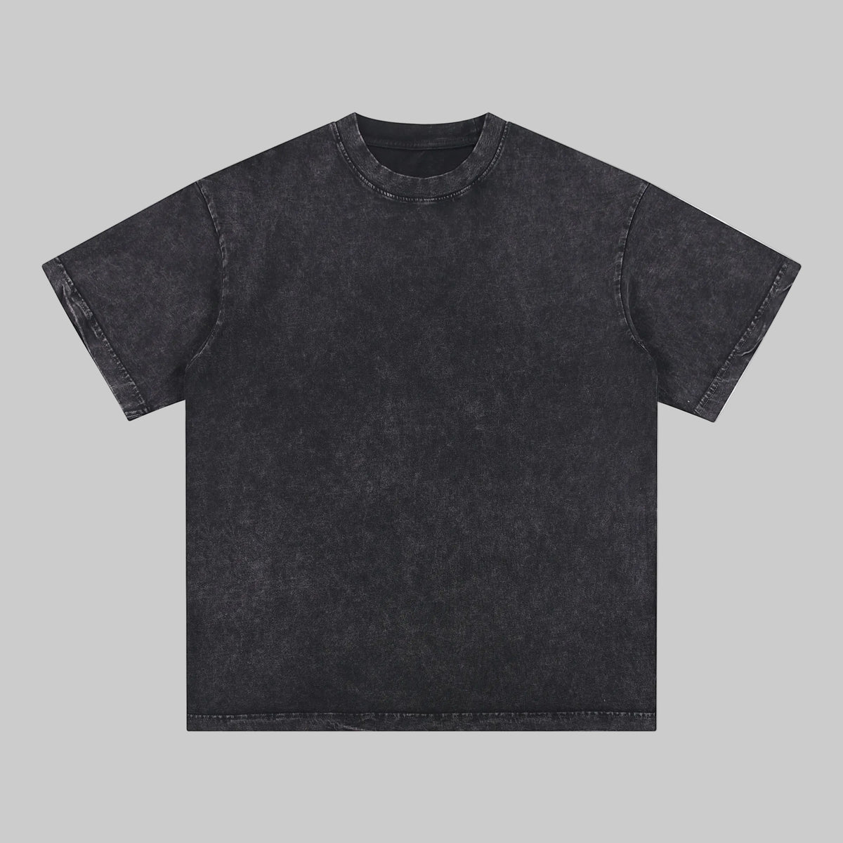 Distressed crew-neck tee in dark charcoal, short sleeves, plain front.