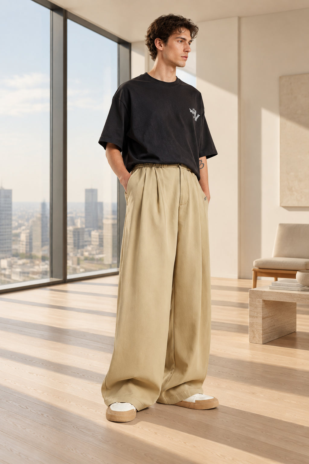Walnut relaxed wide-leg suit trousers with elastic waist and wide straight legs