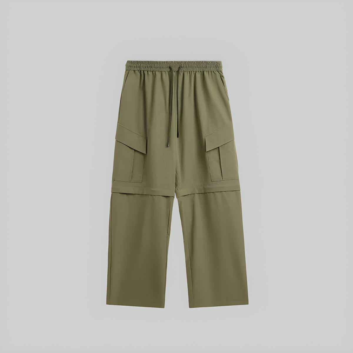 Khaki cargo trousers with elastic drawstring waist and flap side pockets