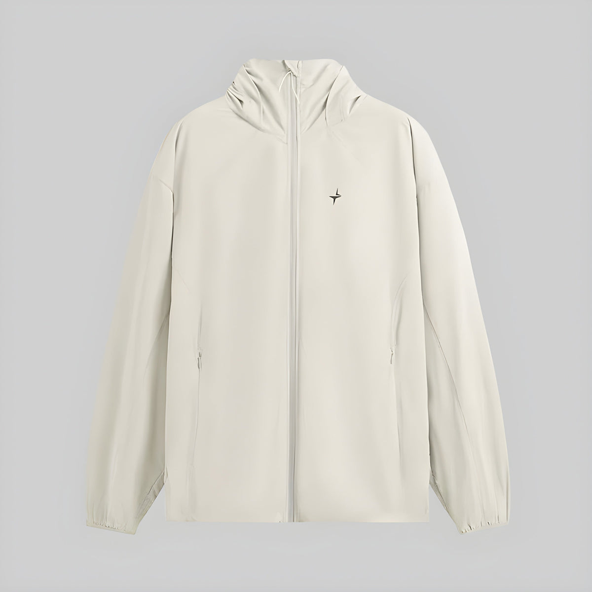 Hooded technical jacket in light ecru/cream with full-length front zipper and cuffs