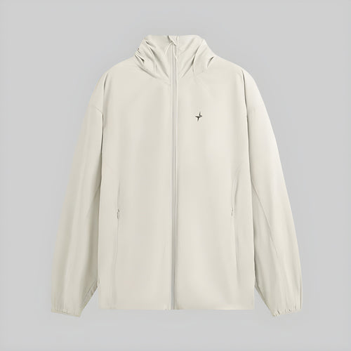 Hooded technical jacket in light ecru/cream with full-length front zipper and cuffs