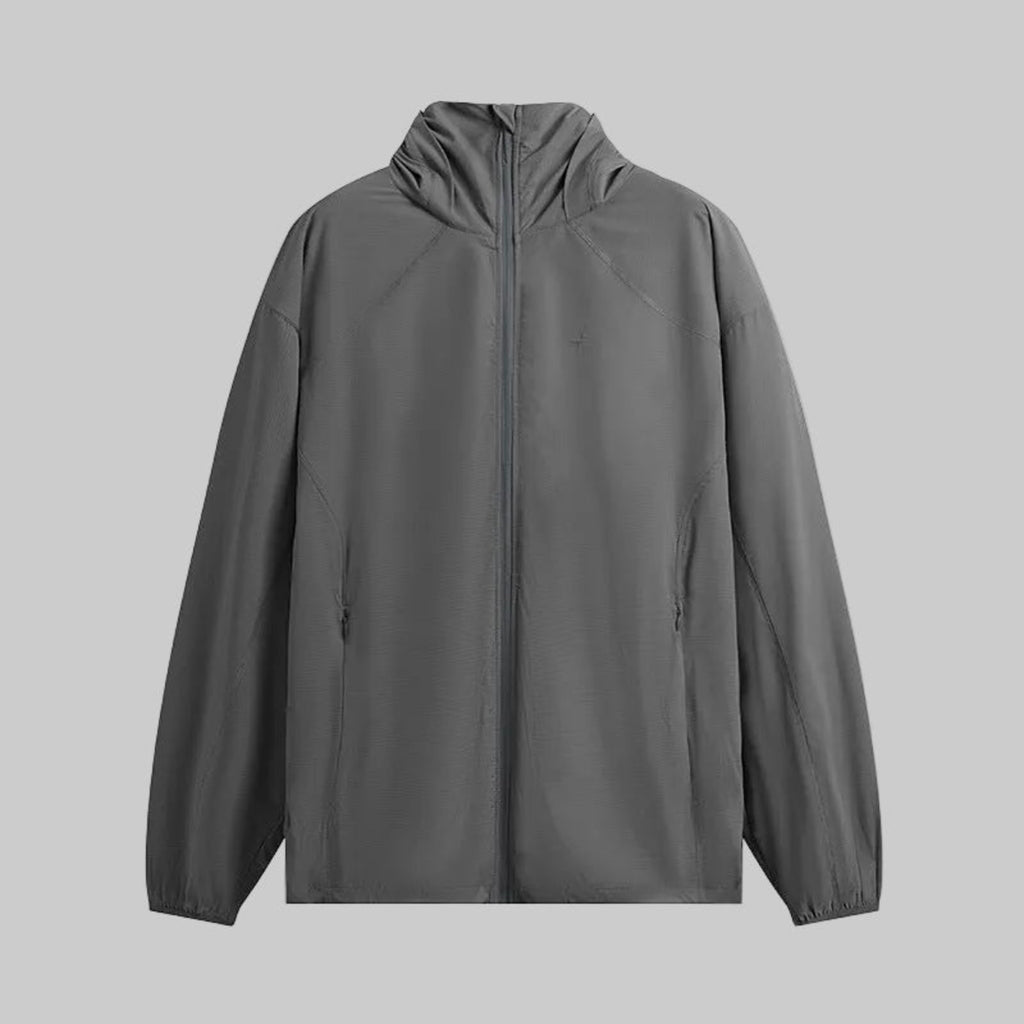 Hooded technical jacket in dark gray with full front zipper and elastic cuffs