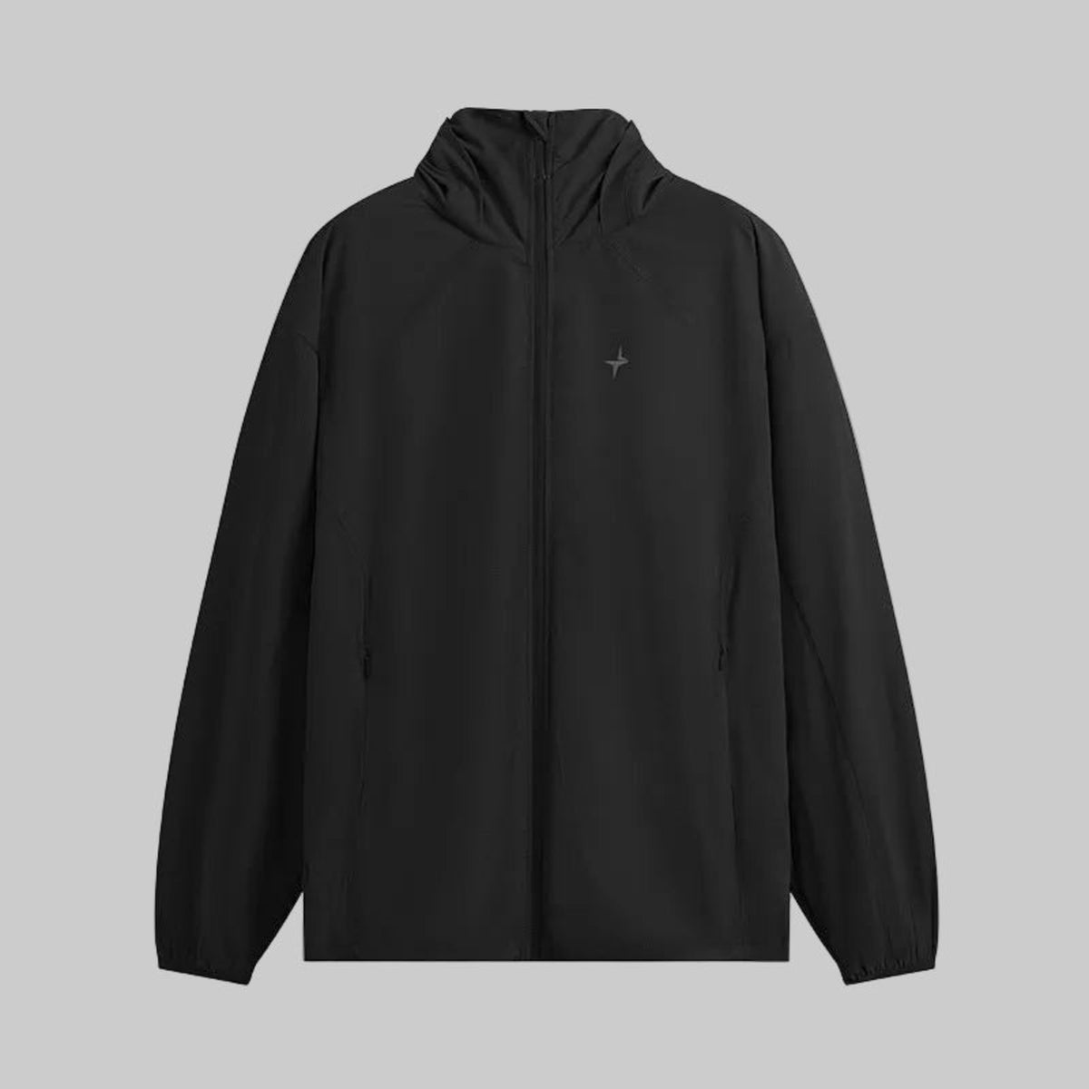 Hooded technical jacket in black with front zipper and adjustable hood
