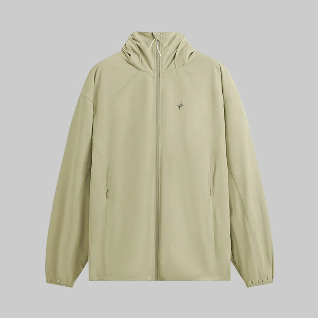 Hooded technical jacket in pale moss green with full-length zipper and elastic cuffs