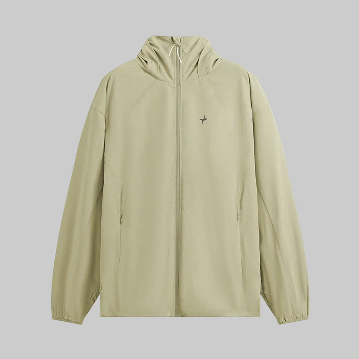 Hooded technical jacket in pale moss green with full-length zipper and elastic cuffs