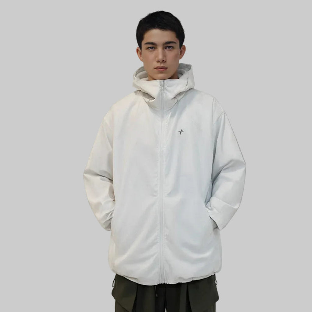 White hooded technical jacket with full front zipper, stand-up collar, and long sleeves