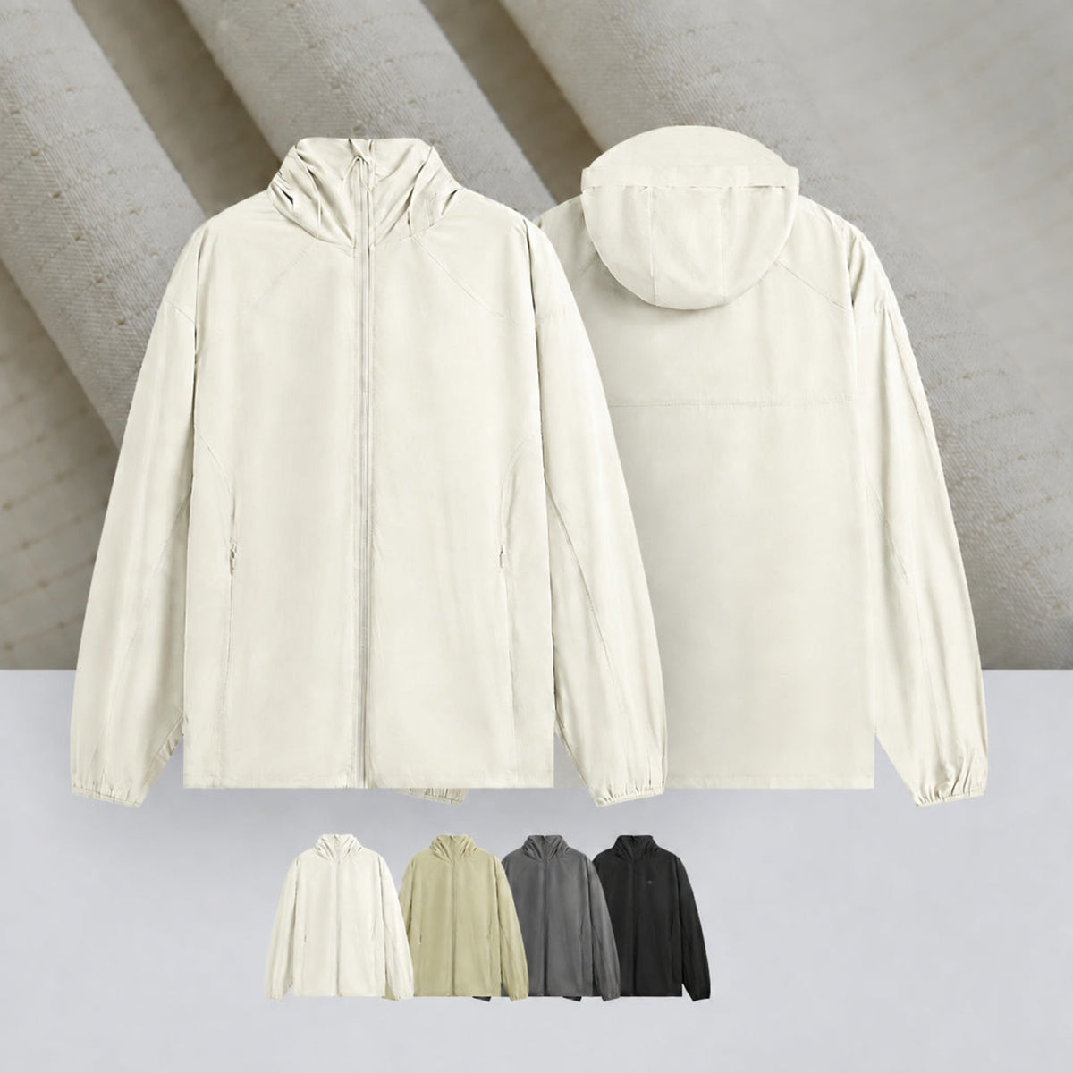 Set of hooded technical jackets in light, moss, gray, and black showing front and back