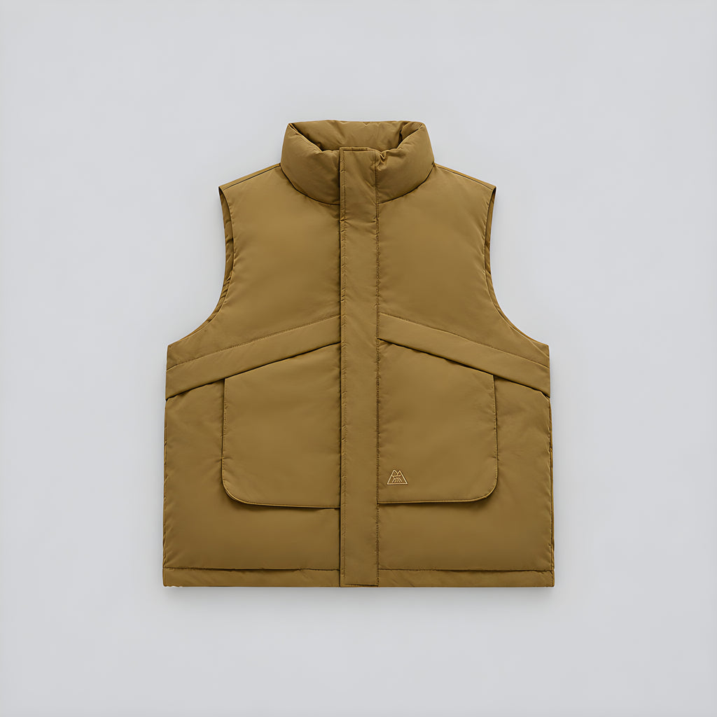 Walnut down puffer vest with stand collar and center-front zipper