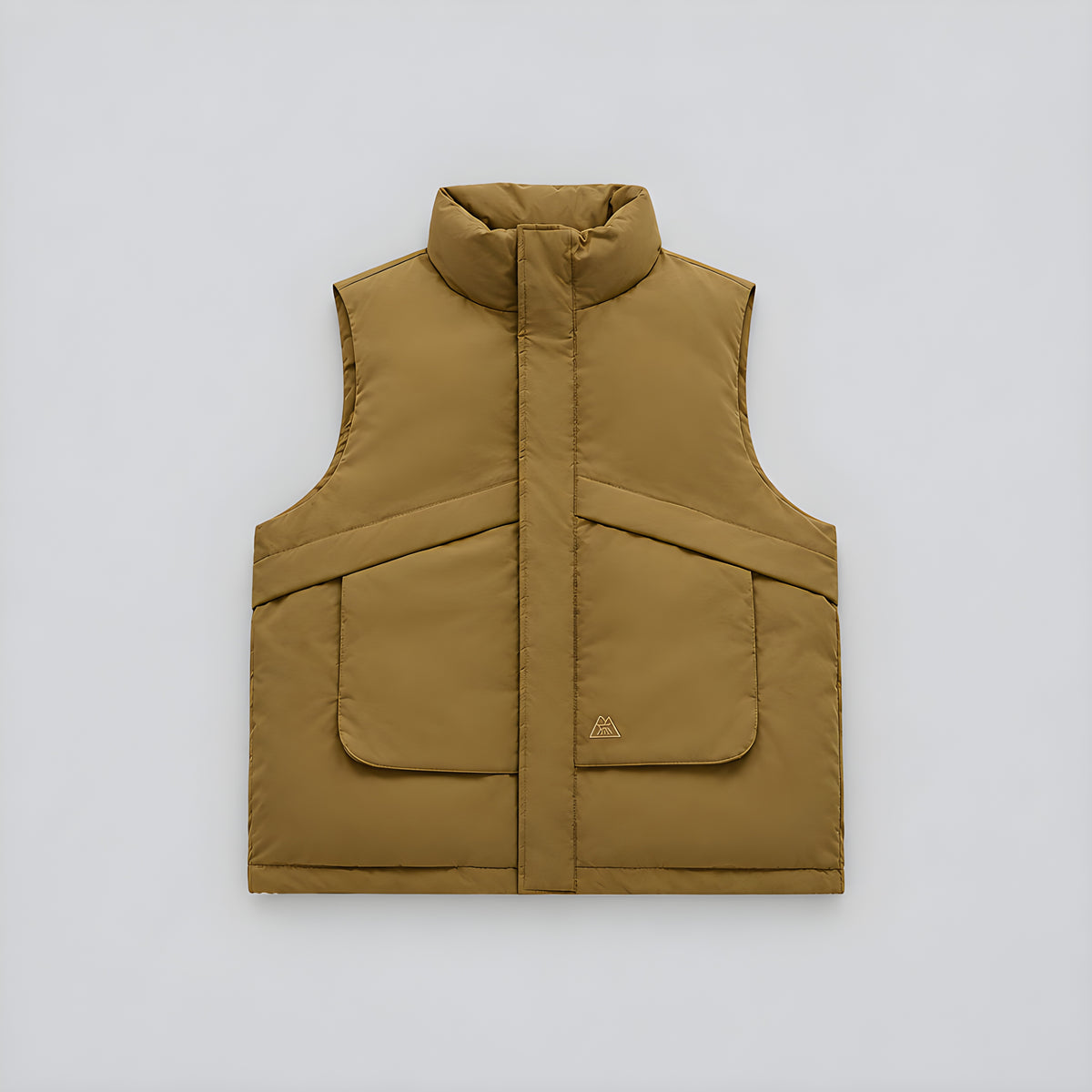 Walnut down puffer vest with stand collar and center-front zipper