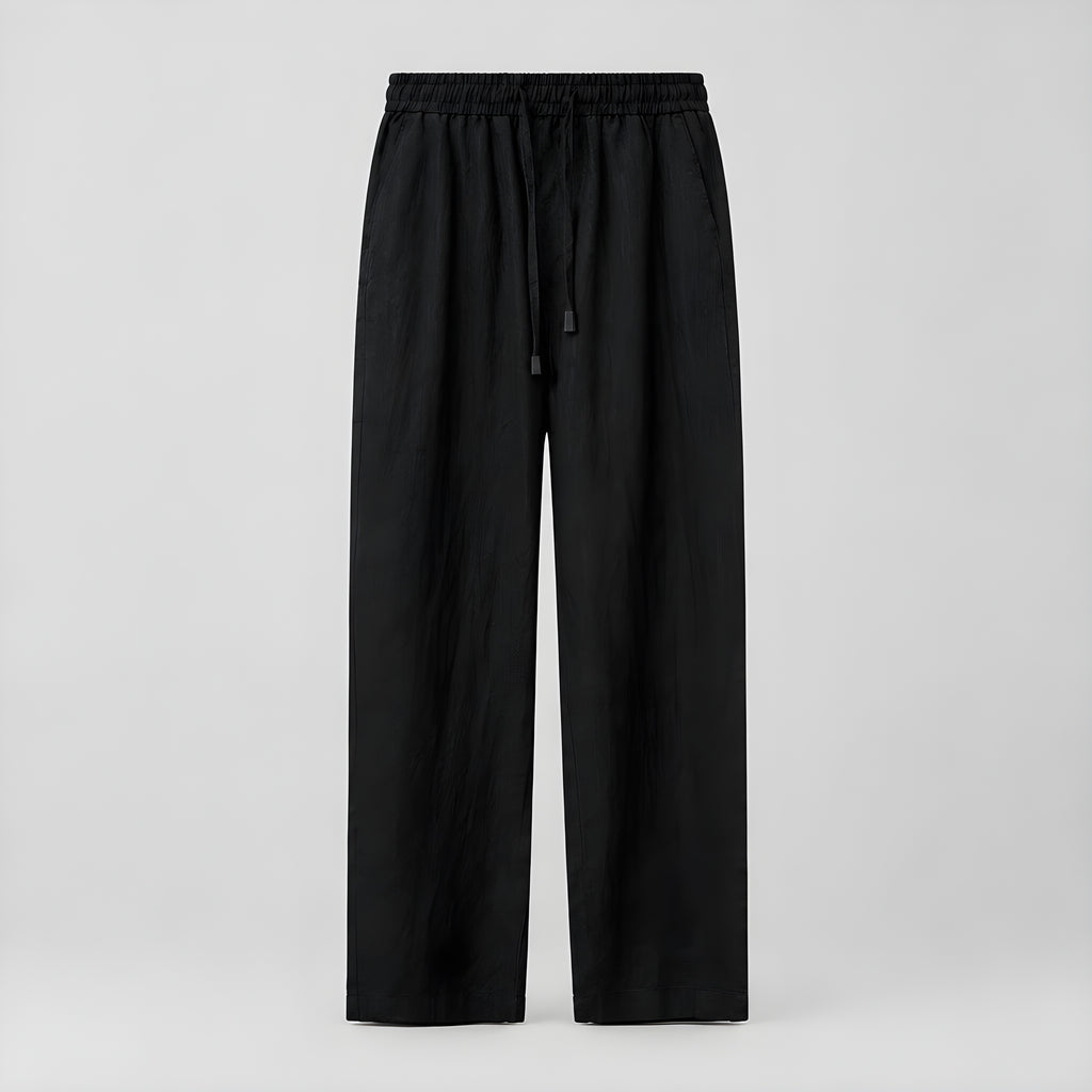 Linen wide-leg trousers in black, elastic waistband with drawstring, loose wide-leg fit