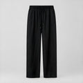Linen wide-leg trousers in black, elastic waistband with drawstring, loose wide-leg fit