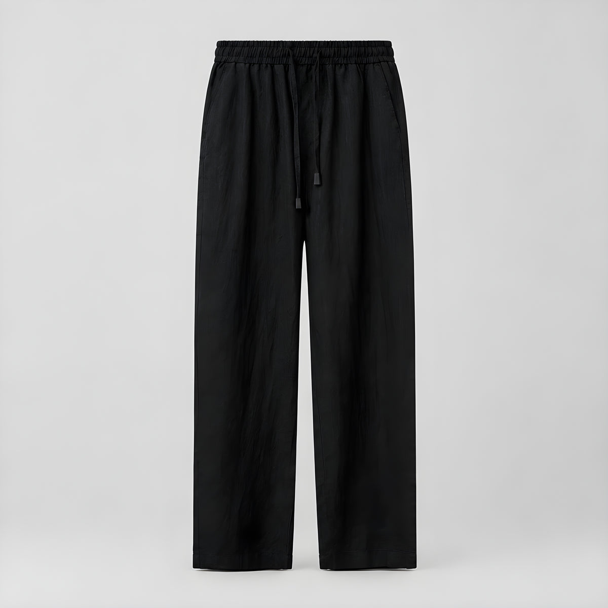Linen wide-leg trousers in black, elastic waistband with drawstring, loose wide-leg fit