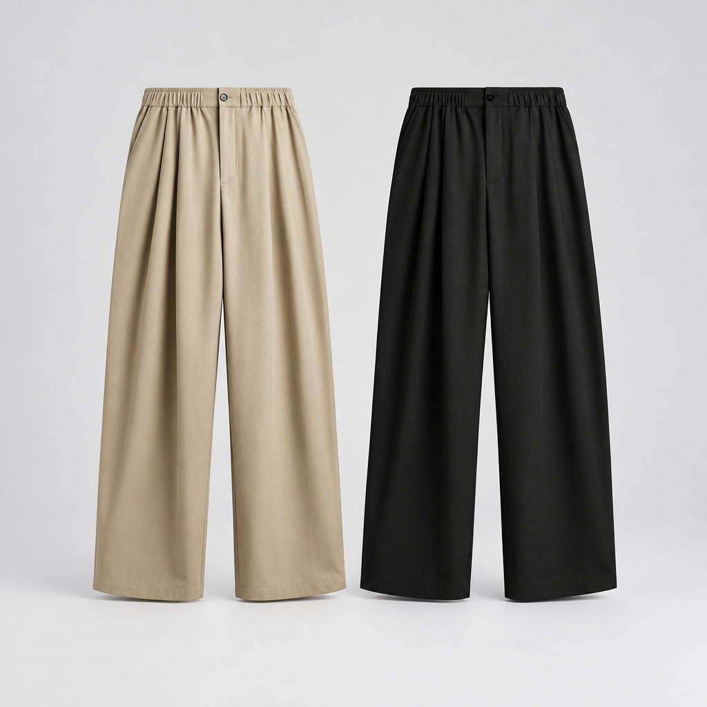 Relaxed wide-leg suit trousers in walnut beige and obsidian black, elastic waist