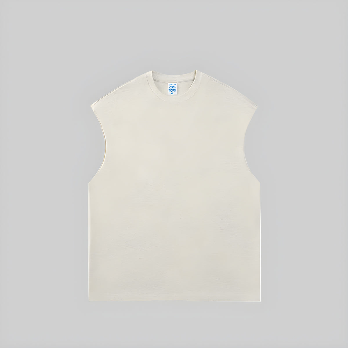Off-white sleeveless vest with crew neck, heavyweight knit fabric.