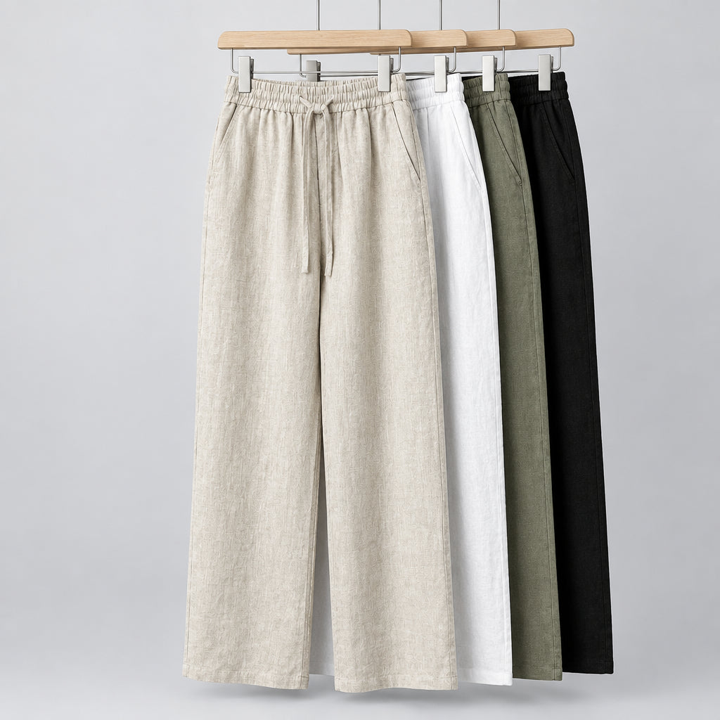 Linen wide-leg trousers in ash, elastic waist with drawstring, full-length relaxed fit