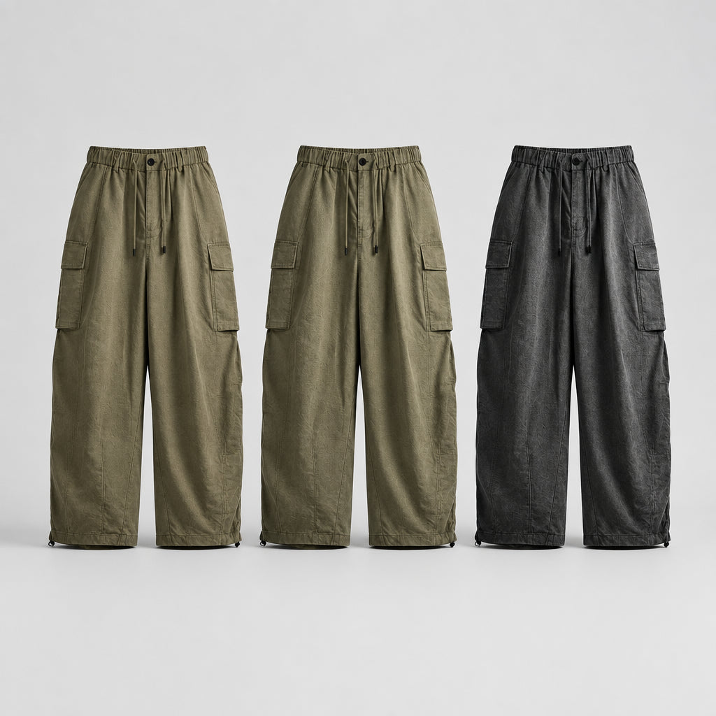 Washed wide-leg trousers, color lineup: olive and dark grey, cargo pockets