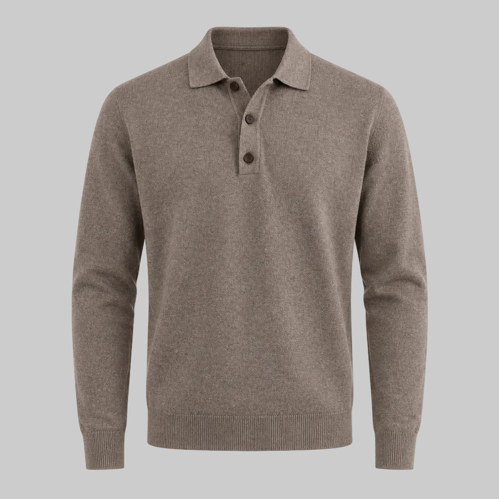 Khaki brown long-sleeve V-neck polo sweater with button placket and ribbed cuffs