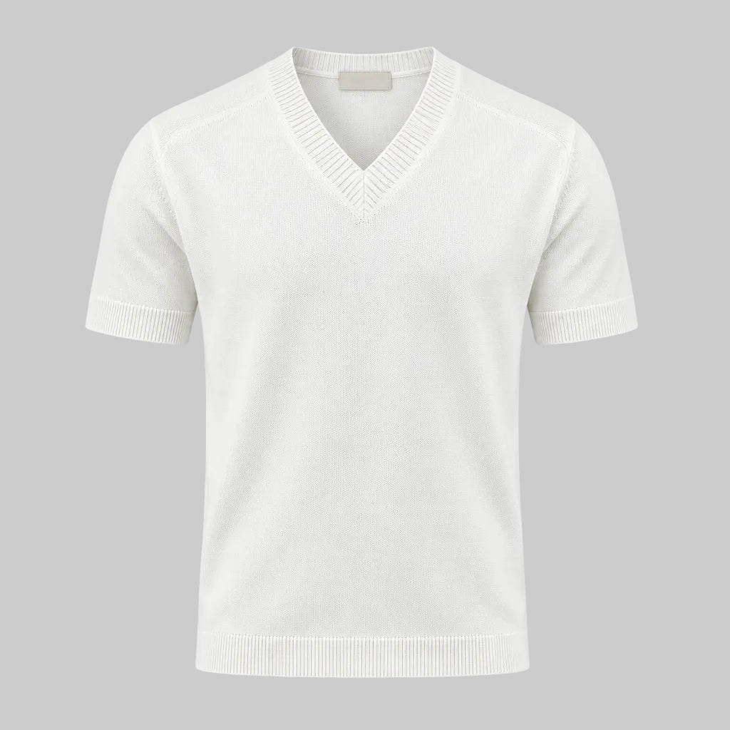 V-neck knit tee in ecru, ribbed V-neck and hemmed short sleeves