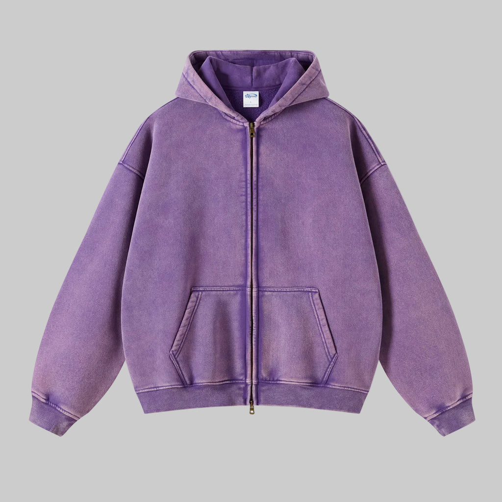 Violet zip-through hoodie with hood, front zipper, and kangaroo pocket