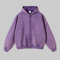 Violet zip-through hoodie with hood, front zipper, and kangaroo pocket