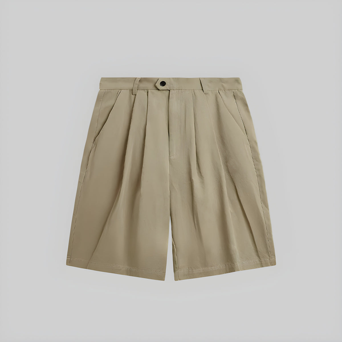 Khaki pleated suit shorts with pleated front and button waistband