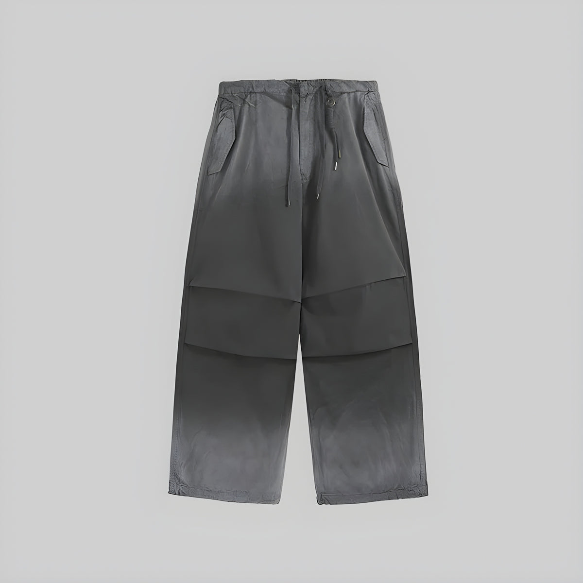 Washed slate utility trousers, elastic drawstring waist, cargo pockets, wide leg.